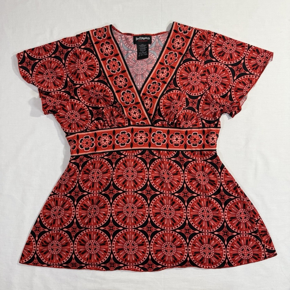 VTG Y2K Hot Tempered Don't Be Afraid Red Black Geometric Top Size 2X